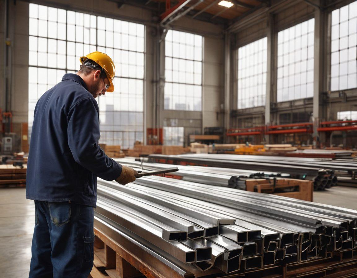 A gleaming warehouse filled with high-quality steel materials, showcasing various steel shapes and grades in neatly organized stacks. Soft, natural light filtering through the large windows creates a warm ambiance. A close-up of a craftsman examining a steel beam with tools in hand, illustrating expertise and quality. A subtle background of city skyline can suggest distribution networks. super-realistic. vibrant colors. industrial style.