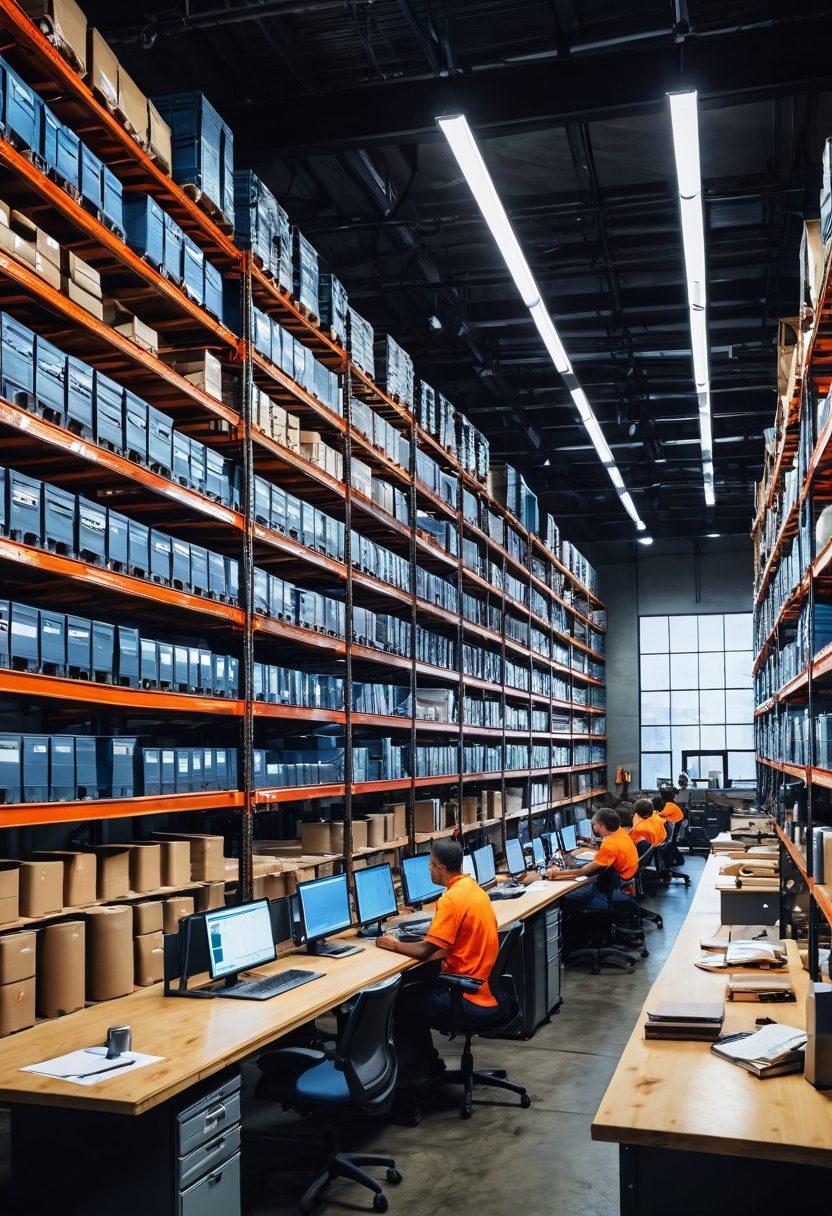 A visually striking steel warehouse with organized shelves filled with gleaming steel beams and rolls, showcasing workers efficiently managing inventory. Include vibrant graphs and charts illustrating inventory levels on a digital screen in the background. Infuse elements depicting joy, such as smiling employees collaborating and brainstorming around a table filled with blueprints. Emphasize a modern, tech-savvy environment with bright lighting. super-realistic. vibrant colors. 3D.