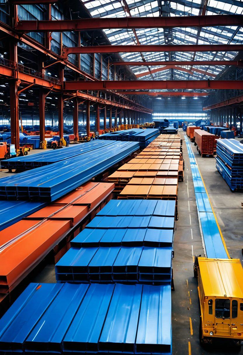 A vibrant industrial landscape showcasing various steel materials and products. Include a diverse group of professionals examining steel sheets and beams with a backdrop of warehouses and transport trucks. Highlight the intricate textures of steel and dynamic interactions among individuals. The sky should be a clear blue to evoke a sense of efficiency and opportunity. super-realistic. vibrant colors. 3D.